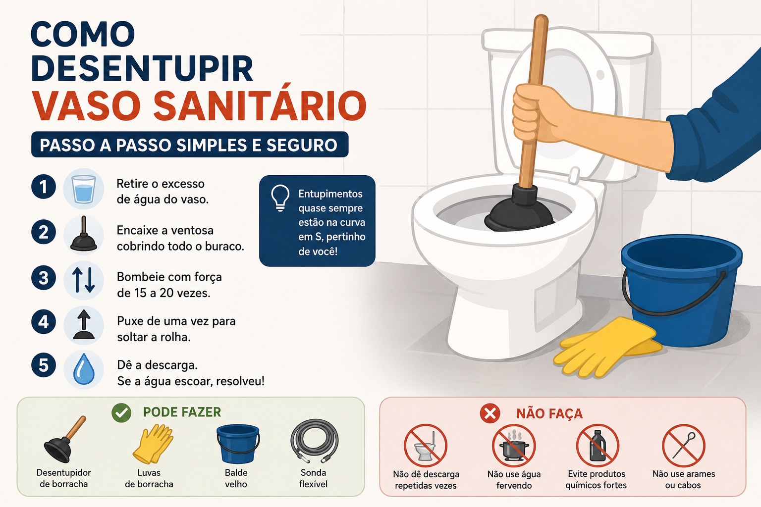 Como desentupir vaso sanitário: passo a passo simples e seguro