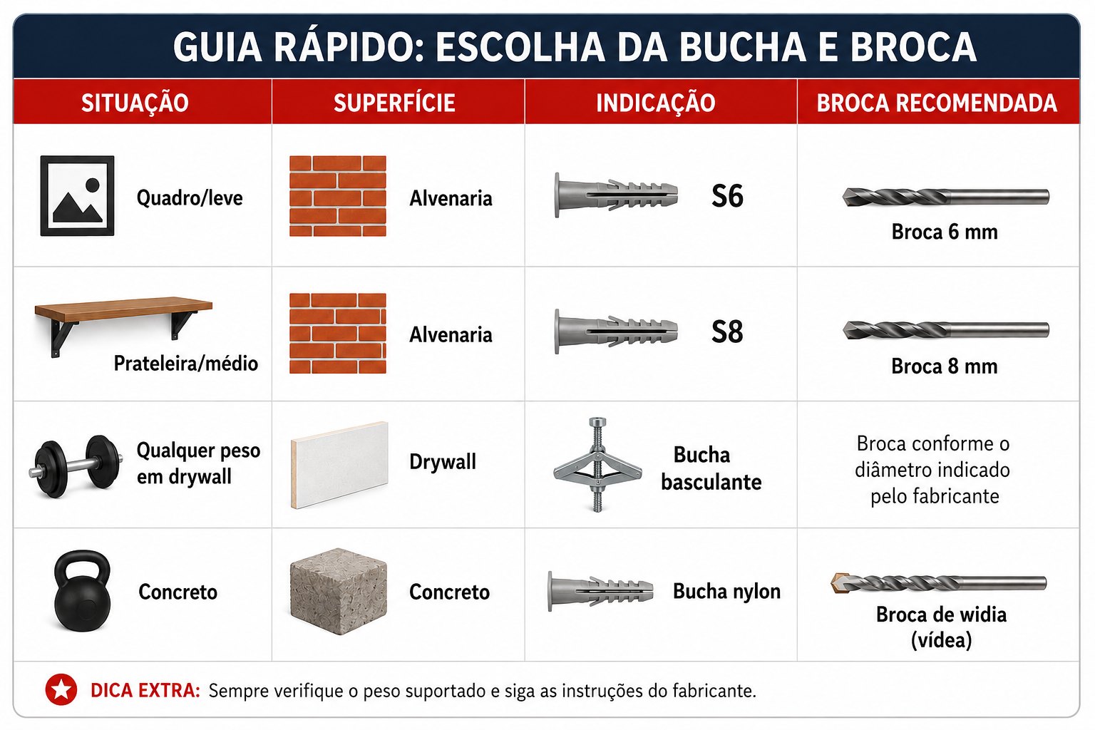 Qual bucha usar em cada parede (sem furar errado)